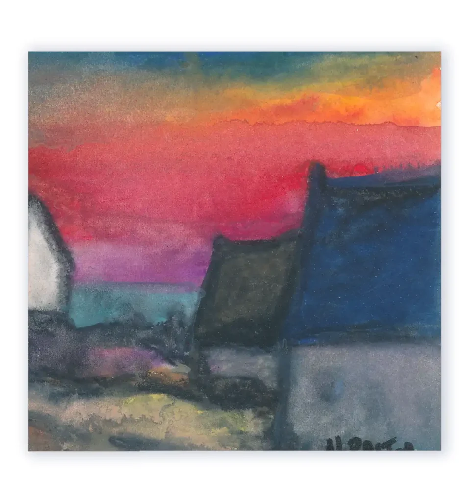 Paysage breton aux craies pastels aquarellables originale. Bretagne, terre de feu
