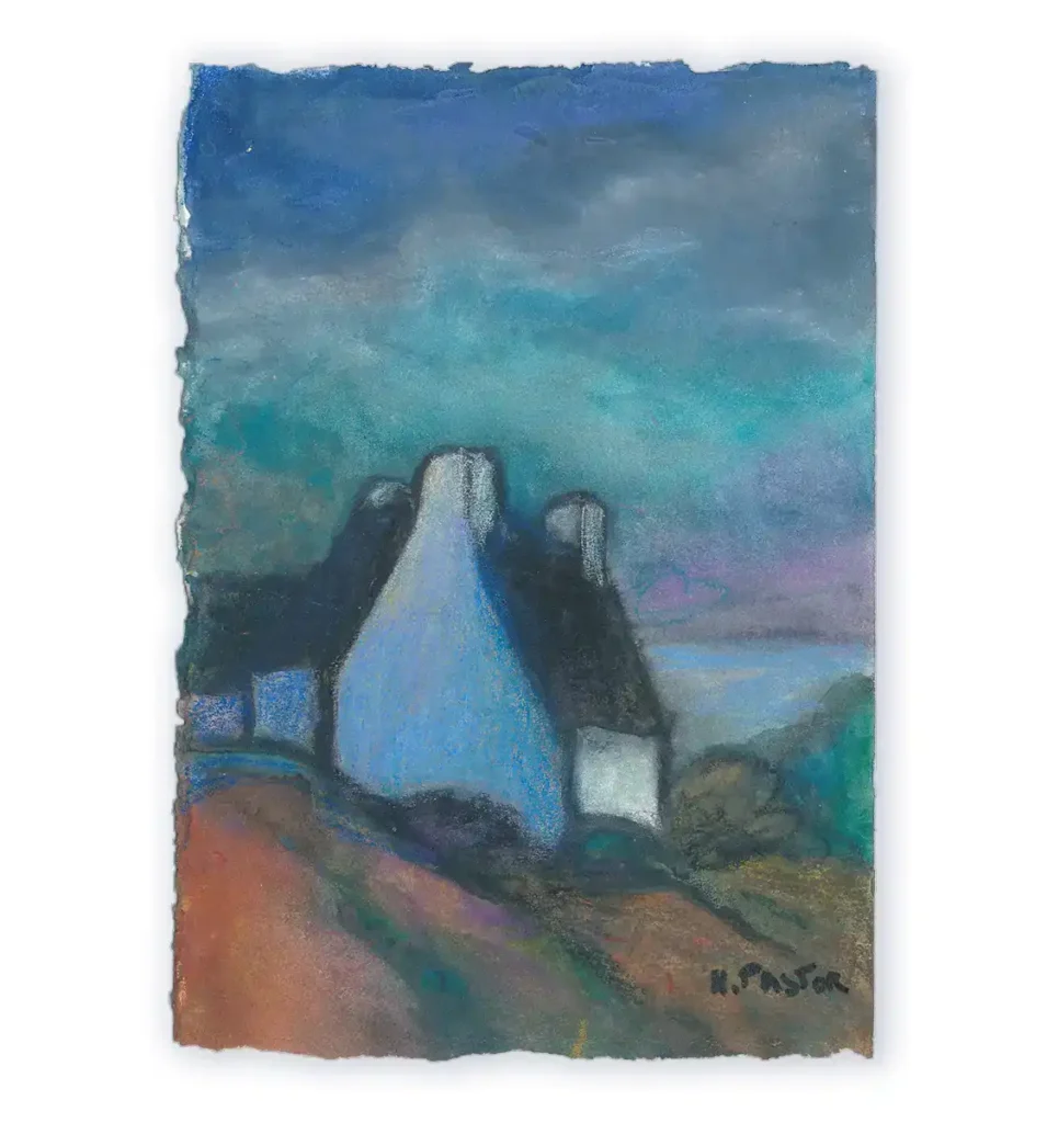 Paysage breton aux craies pastels aquarellables originale. L'heure bleue entre chien et loup