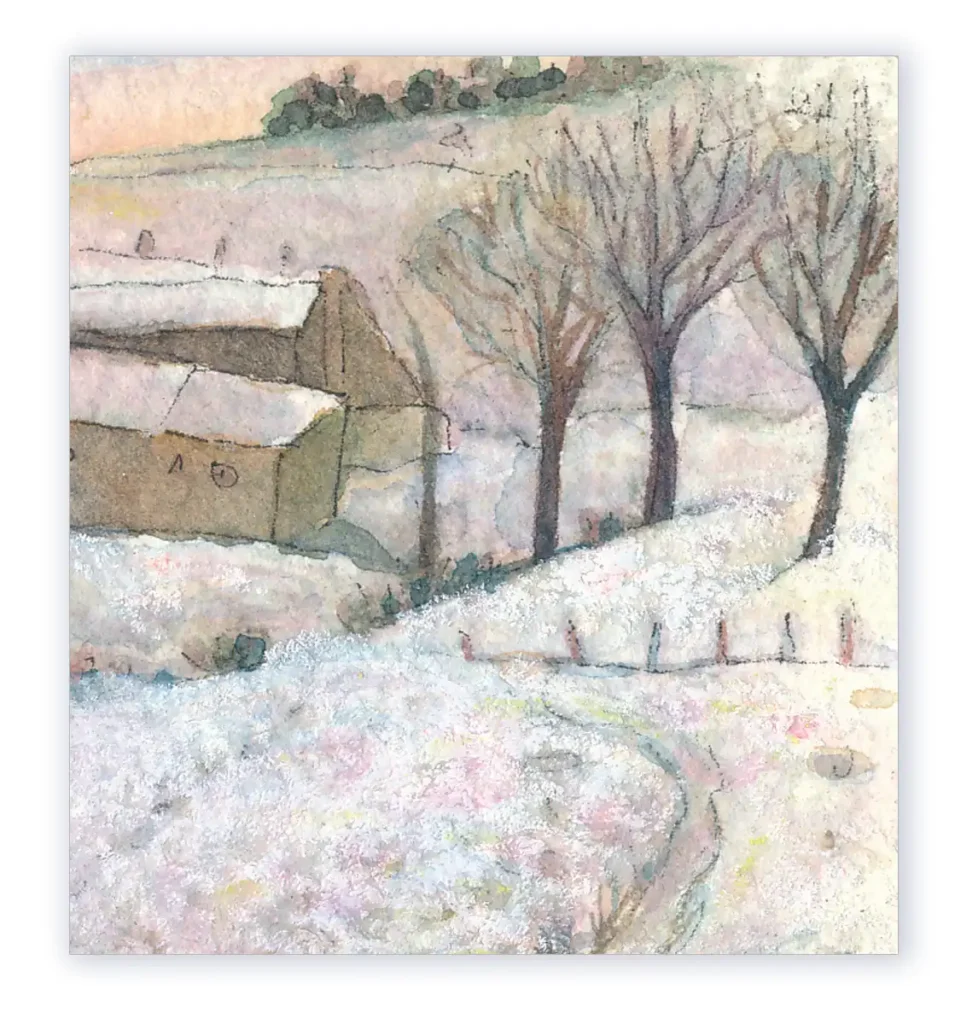 Détail Les arbres en hiver. Miniature originale à l'aquarelle rehaussée de gouache blanche