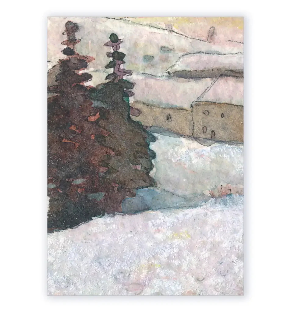 Détail Les arbres en hiver. Miniature originale à l'aquarelle rehaussée de gouache blanche
