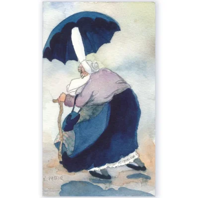 Aquarelle faite en 1993, Bigoudène expressionniste dans le vent avec un parapluie noir et jupons dentelle