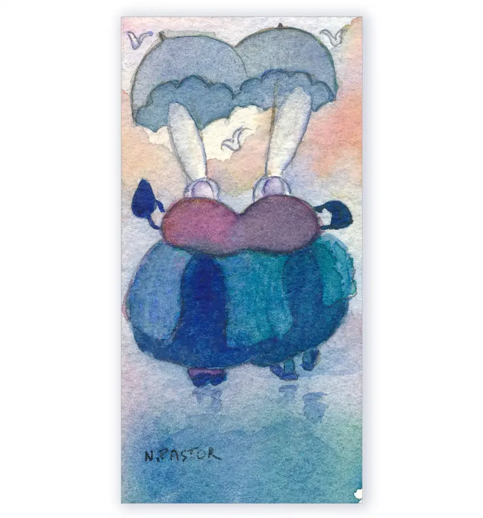 Aquarelle originale faite en 1996, siamoises bigoudènes sous des parapluies