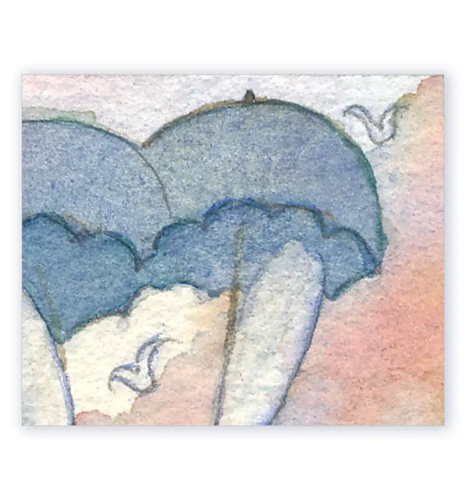 Aquarelle originale faite en 1996, détail siamoises bigoudènes sous des parapluies