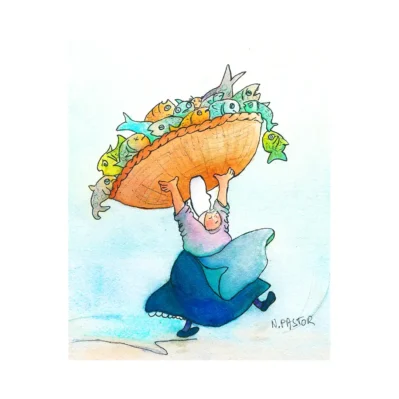 Marchande de poissons bigoudène. Aquarelle originale