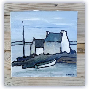 Barques à marée basse. Tableau carré acrylique sur châssis toilé.