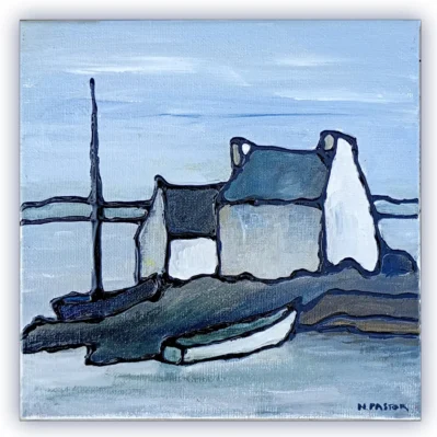 Barques à marée basse. Tableau acrylique sur châssis toilé 20x20cm.