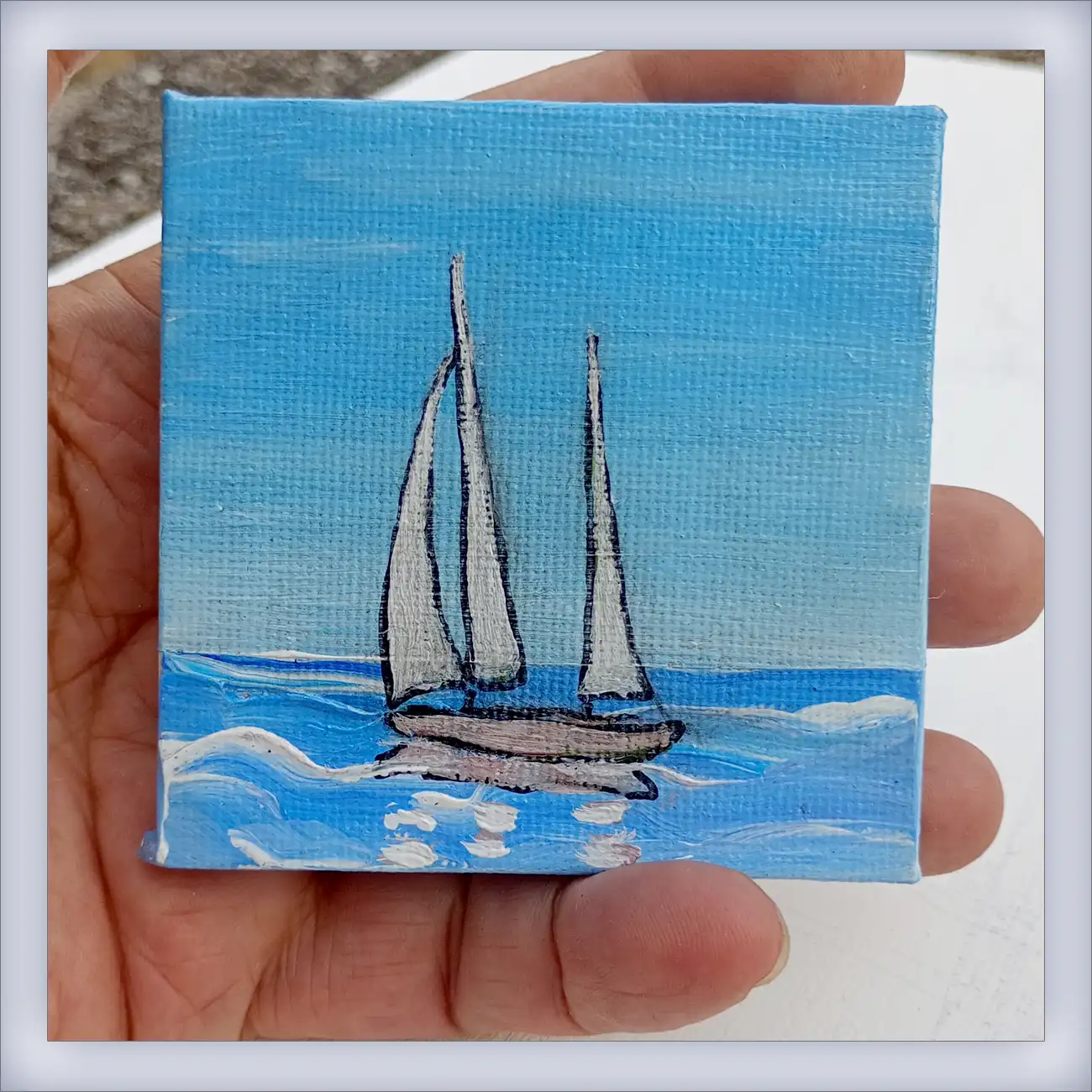 C'est un fameux trois mâts. Miniature acrylique sur châssis toilé.