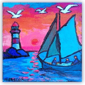 Coucher de soleil. Miniature acrylique sur châssis toilé
