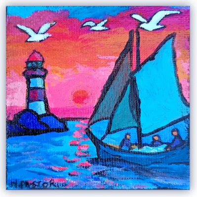 Coucher de soleil. Miniature acrylique sur châssis toilé.