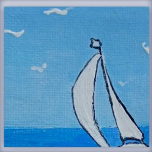 Départ en mer d'un voilier. Miniature acrylique sur châssis toilé, détail