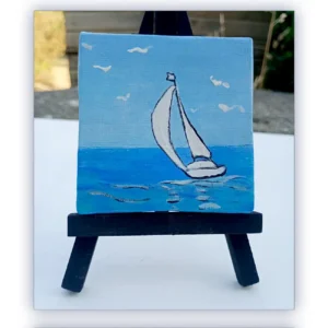 Départ en mer d'un voilier. Miniature acrylique sur châssis toilé.