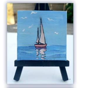 La voile. Miniature acrylique sur châssis toilé avec le chevalet noir verni