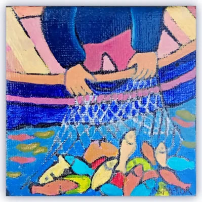 Le filet du pêcheur. Miniature acrylique sur châssis toilé.