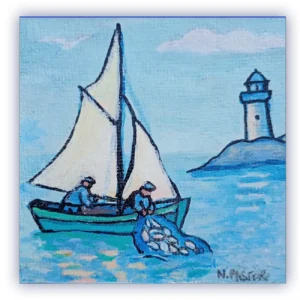 Les pêcheurs. Miniature acrylique sur châssis toilé.