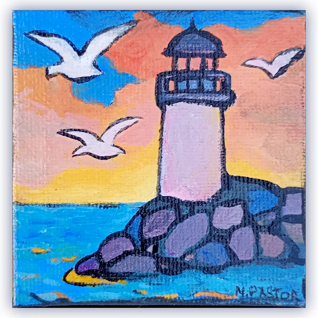 Phare au crépuscule. Miniature acrylique sur châssis toilé.