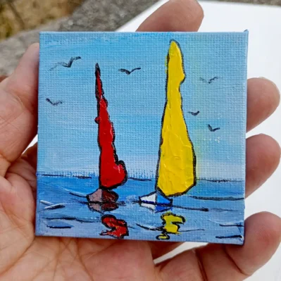 Régates. Miniature acrylique au couteau sur châssis toilé.